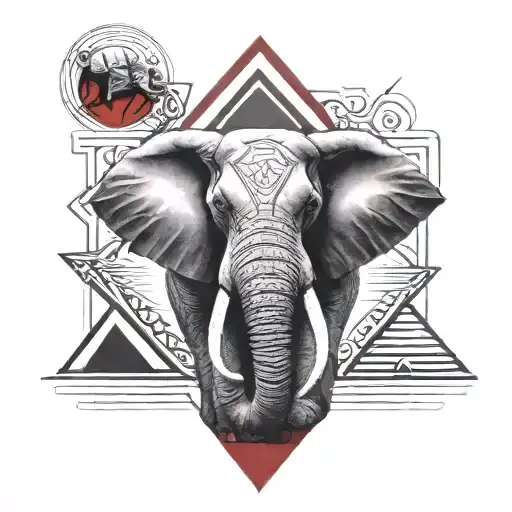 elephant head in front of a red pyramid  tattoo design idea