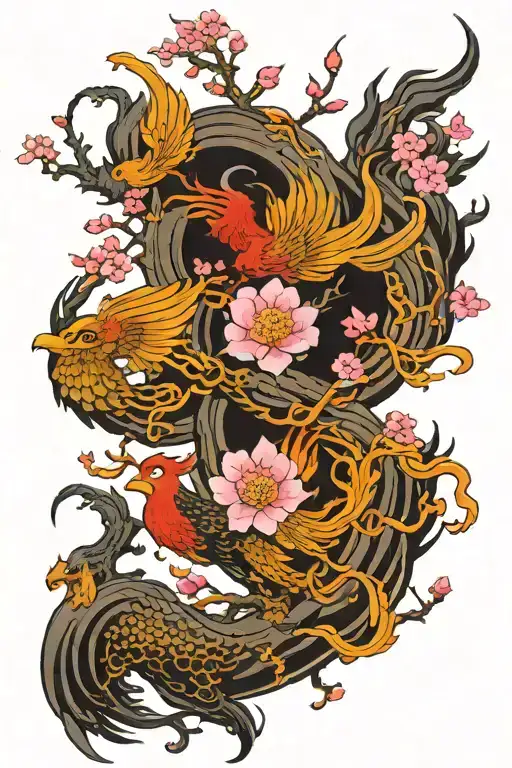 cherry blossom tree and phoenix rising tattoo design idea