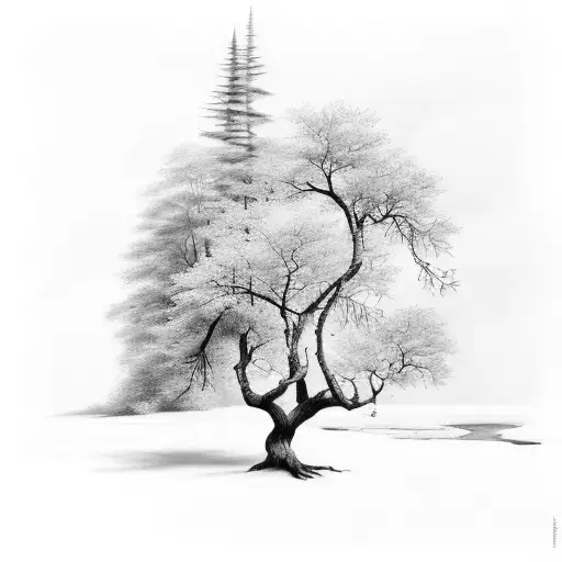 wilderness, trees, stream, black and white tattoo design idea