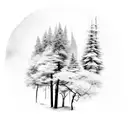 wilderness, trees, stream, black and white tattoo design idea