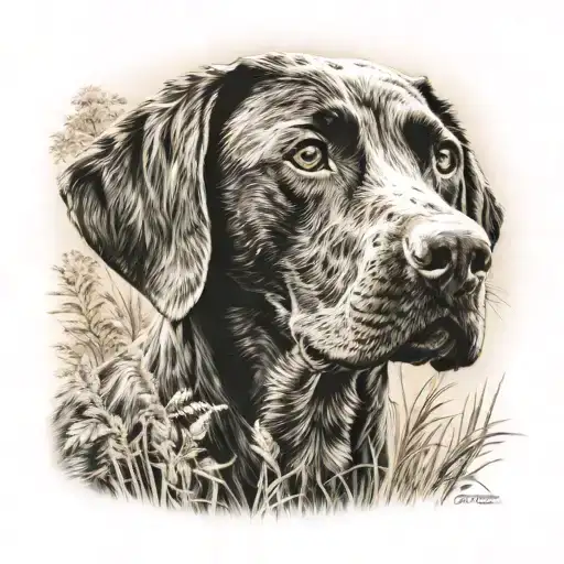 black and roan german shorthaired pointer sitting in grass looking  tattoo design idea