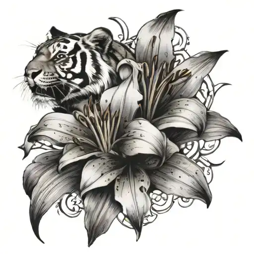 Lily flowers tattoo on arm half sleeve black ink with a tiger tattoo design idea