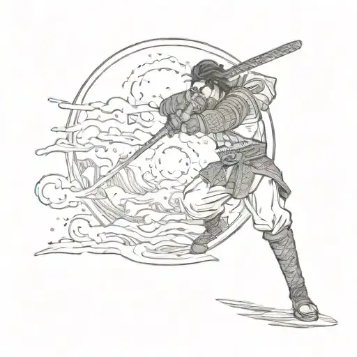 A katana sword being forged by a samurai under a full moon, with intricate details and shading tattoo design idea