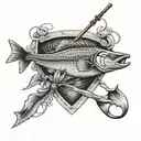 fish hook intertwined around the canoe while people are fishing tattoo design idea