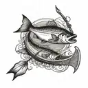 fish hook intertwined around the canoe while people are fishing tattoo design idea