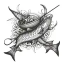 fish hook intertwined around the canoe while people are fishing tattoo design idea
