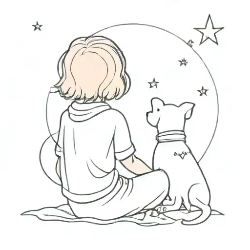 little prince style girl sitting next to dog looking at the stars. only their backs are seen tattoo design idea