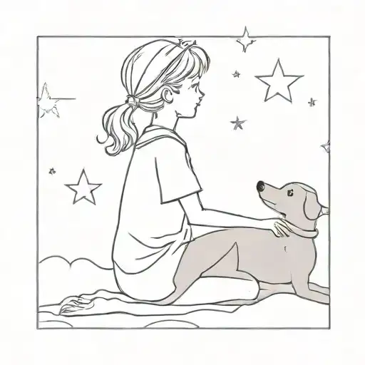 little prince style girl sitting next to dog looking at the stars tattoo design idea