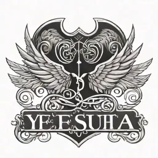 Chest piece tattoo with wings, and big letters 'YESHUA'. Covering the pecs, beneath the pecs and nipples. mountains tattoo design idea