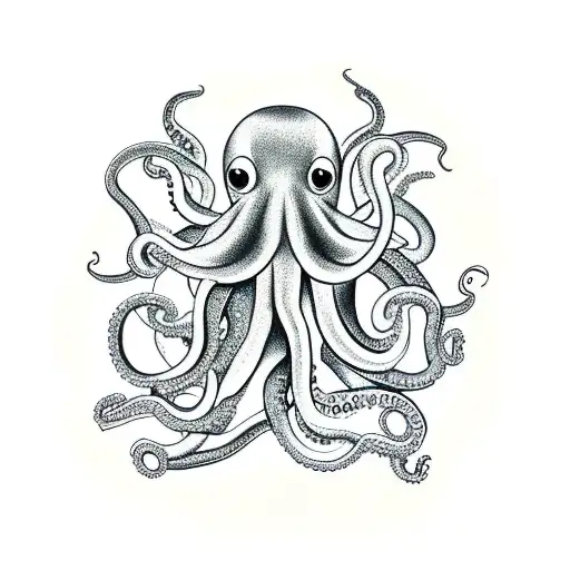 Octopus with the symbols λ , θ, ἐ around and red accents tattoo design idea