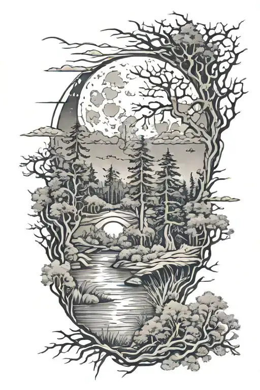 Pattern with spiked lines and a forrest with a full moon. Arm sleeve tattoo design idea