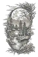 Pattern with spiked lines and a forrest with a full moon. Arm sleeve tattoo design idea