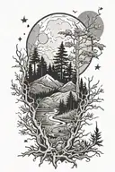 Pattern with spiked lines and a forrest with a full moon. Arm sleeve tattoo design idea
