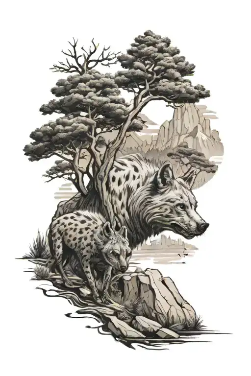 River, pine forest, cedar tree, hyena, olive treen, mountainous background  tattoo design idea