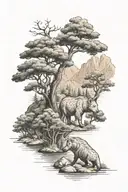 River, pine forest, cedar tree, hyena, olive treen, mountainous background  tattoo design idea
