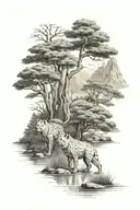 River, pine forest, cedar tree, hyena, olive treen, mountainous background  tattoo design idea