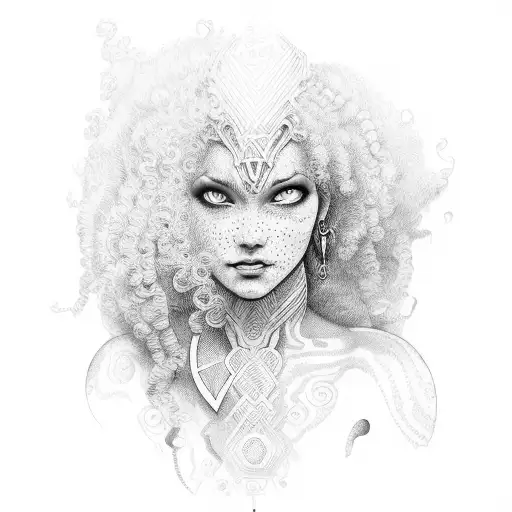 curly haired amazonian warrior woman tattoo design idea