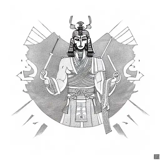 A sketch-style tattoo of a majestic samurai warrior meditating in an Egyptian temple, blending your fascination with samurai culture and ancient Egypt. tattoo design idea