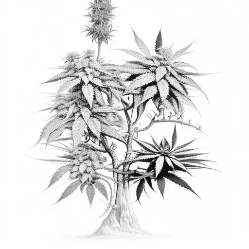 A black-grey tattoo of a serene garden scene with cannabis plants growing alongside exotic Egyptian flowers, reflecting your interests in gardening and weed. tattoo design idea