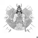 A sketch-style tattoo of a majestic samurai warrior meditating in an Egyptian temple, blending your fascination with samurai culture and ancient Egypt. tattoo design idea