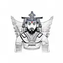 A sketch-style tattoo of a majestic samurai warrior meditating in an Egyptian temple, blending your fascination with samurai culture and ancient Egypt. tattoo design idea