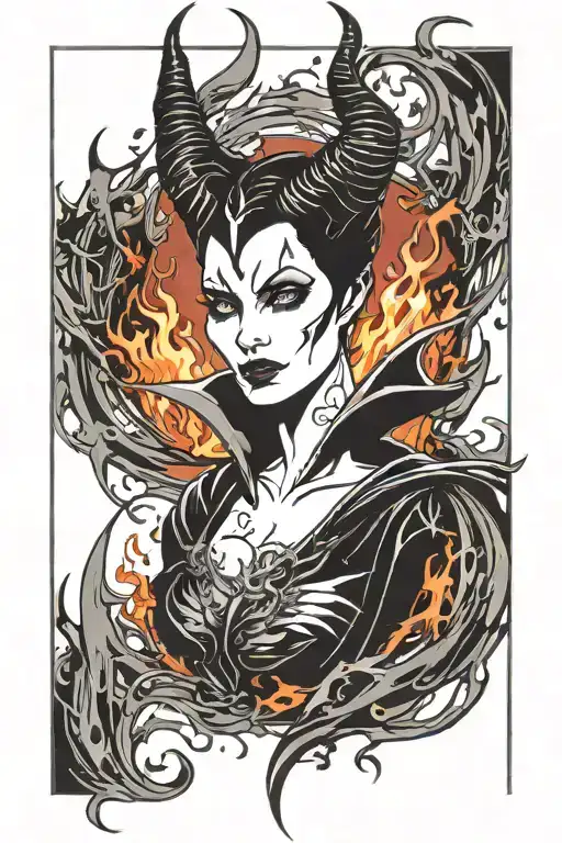 Maleficent's face emerging within the flames of the Maleficent dragon in the background  tattoo design idea