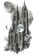 gothic cathedral with moon tattoo design idea
