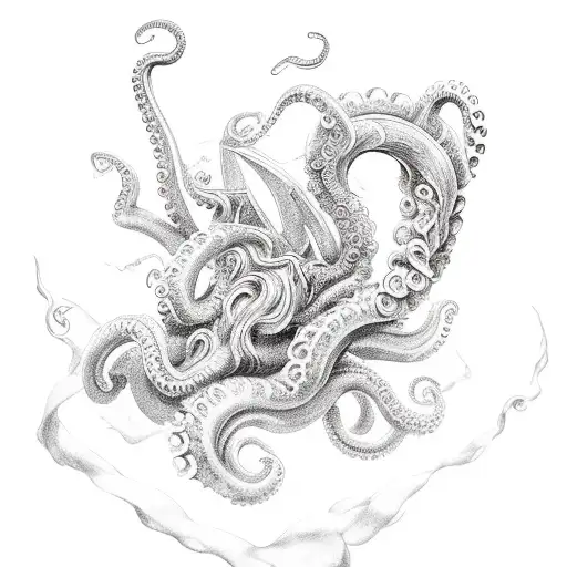 ship, poseidon, octopus, storm, horses made of water, trident waves tattoo design idea