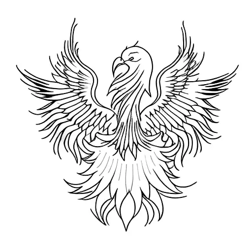 A minimalist tattoo of a phoenix rising from the ashes with her army behind her holding her up, symbolizing strength and resilience, with the phrase 'I am reborn' incorporated into the design. tattoo design idea