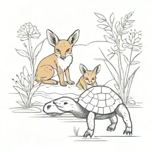 a baby hen perched on the back of a turtle walking towards a flower and a fennec fox sitting nearby watching them pass tattoo design idea