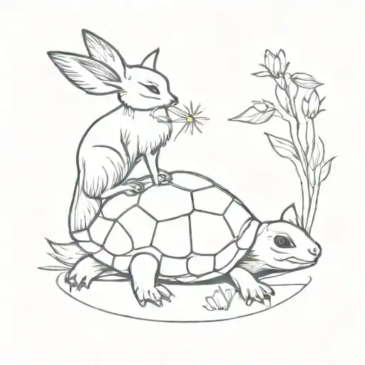a chick perched on a turtle walking towards a flower and a fennec fox sitting looking past them tattoo design idea