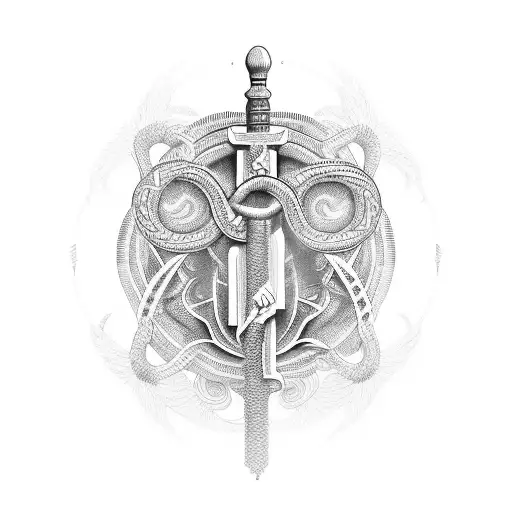 An intricate blackwork tattoo of the staff of Asclepius intertwined with Egyptian hieroglyphics tattoo design idea