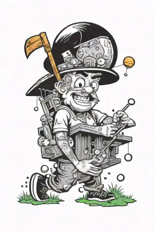 A whimsical tattoo design showcasing a carpenter building a house of crypto bubbles, with baseball and golf elements scattered throughout the scene, and the names Kennedy, Easton, and Hudson subtly incorporated into the design tattoo design idea