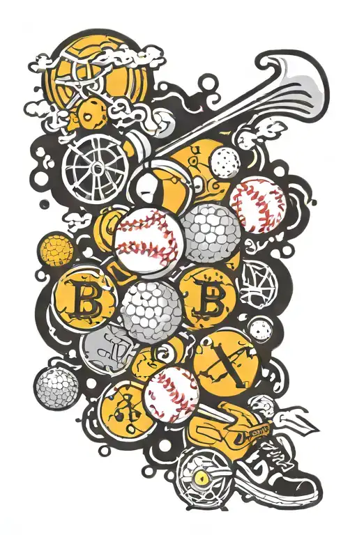 A tattoo design featuring a collage of various crypto bubbles (btc,xrp,xlm,dmtr,vra,link,xdc,velo,hbar) intertwined with baseball and golf elements tattoo design idea