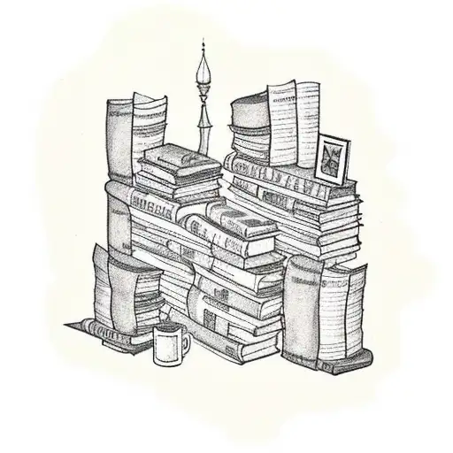 A tattoo of a bookshelf filled with books, each one representing a different place you've traveled to with Marques, surrounded by musical notes and baking ingredients tattoo design idea