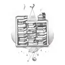 A tattoo of a bookshelf filled with books, each one representing a different place you've traveled to with Marques, surrounded by musical notes and baking ingredients tattoo design idea