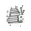 A tattoo of a bookshelf filled with books, each one representing a different place you've traveled to with Marques, surrounded by musical notes and baking ingredients tattoo design idea