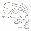 one line that makes a wave , turns into the word khans and then turns into a mountain  tattoo design idea