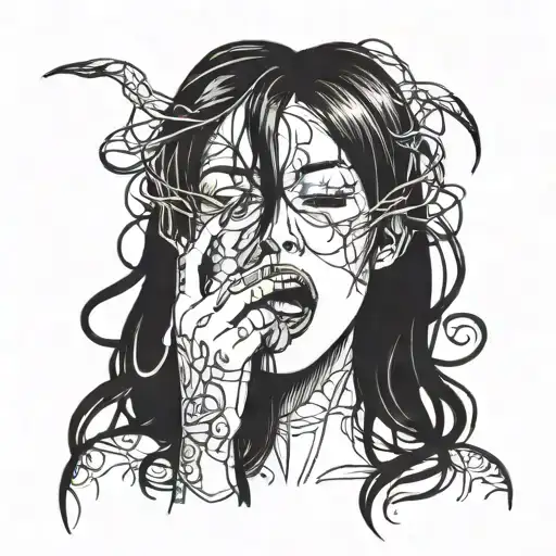woman's head with long black hair with her mouth open and two thin hands coming out of it tattoo design idea