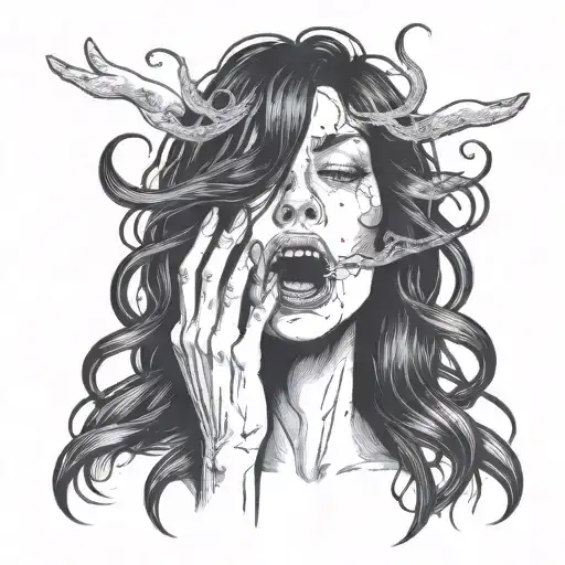 woman's head with long black hair with her mouth open and two thin hands coming out of it tattoo design idea