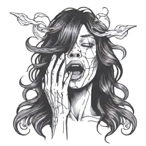 woman's head with long black hair with her mouth open and two thin hands coming out of it tattoo design idea