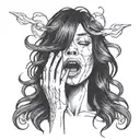 woman's head with long black hair with her mouth open and two thin hands coming out of it tattoo design idea