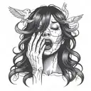 woman's head with long black hair with her mouth open and two thin hands coming out of it tattoo design idea