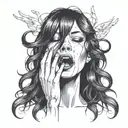 woman's head with long black hair with her mouth open and two thin hands coming out of it tattoo design idea