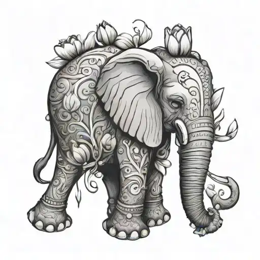 A surreal elephant with tulip blooms for ears and trunk tattoo design idea