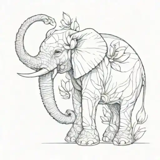 A surreal elephant with tulip blooms for ears and trunk tattoo design idea