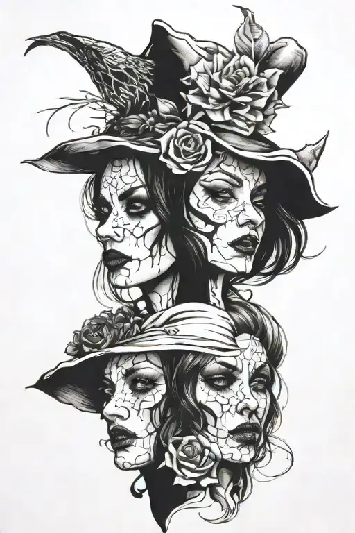 two-faced girl, one side is beautiful, the other is a rotten witch tattoo design idea