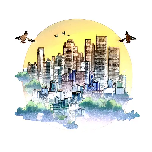 A geometric city skyline with a hawk in flight, representing the client's passion for design and nature tattoo design idea