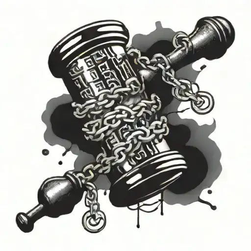 gavel, broken chains wrapped around the word tetelestai tattoo design idea