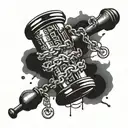 gavel, broken chains wrapped around the word tetelestai tattoo design idea